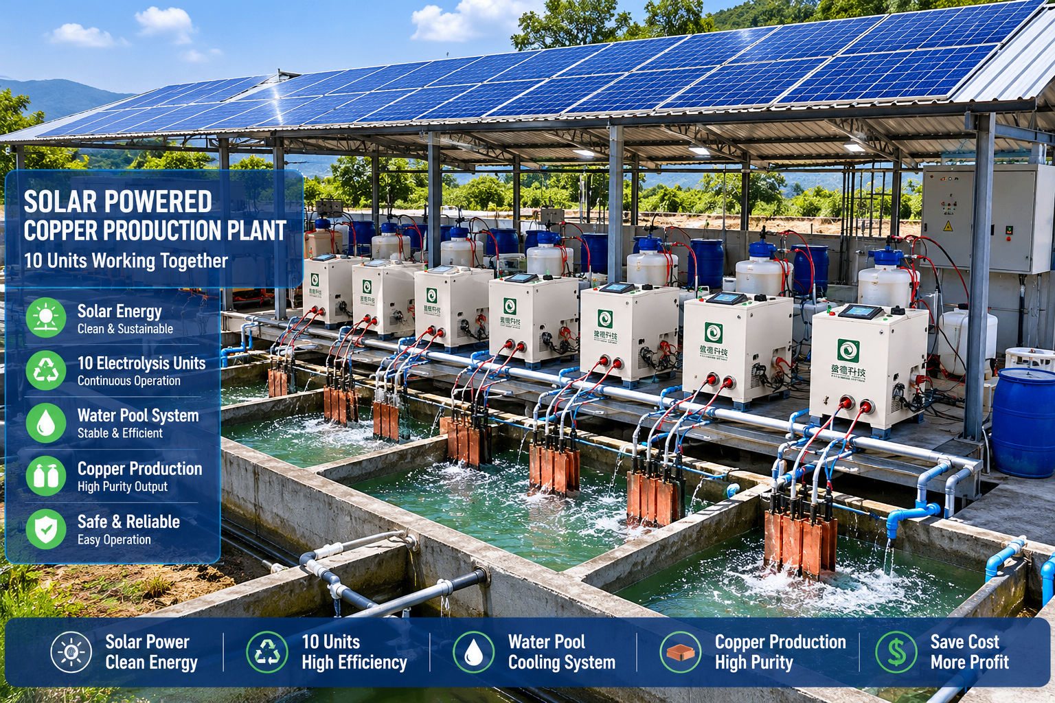Solar Powered Copper Production Plant 太阳能供电生产基地 — solar power, water pool circulation and copper recovery combined